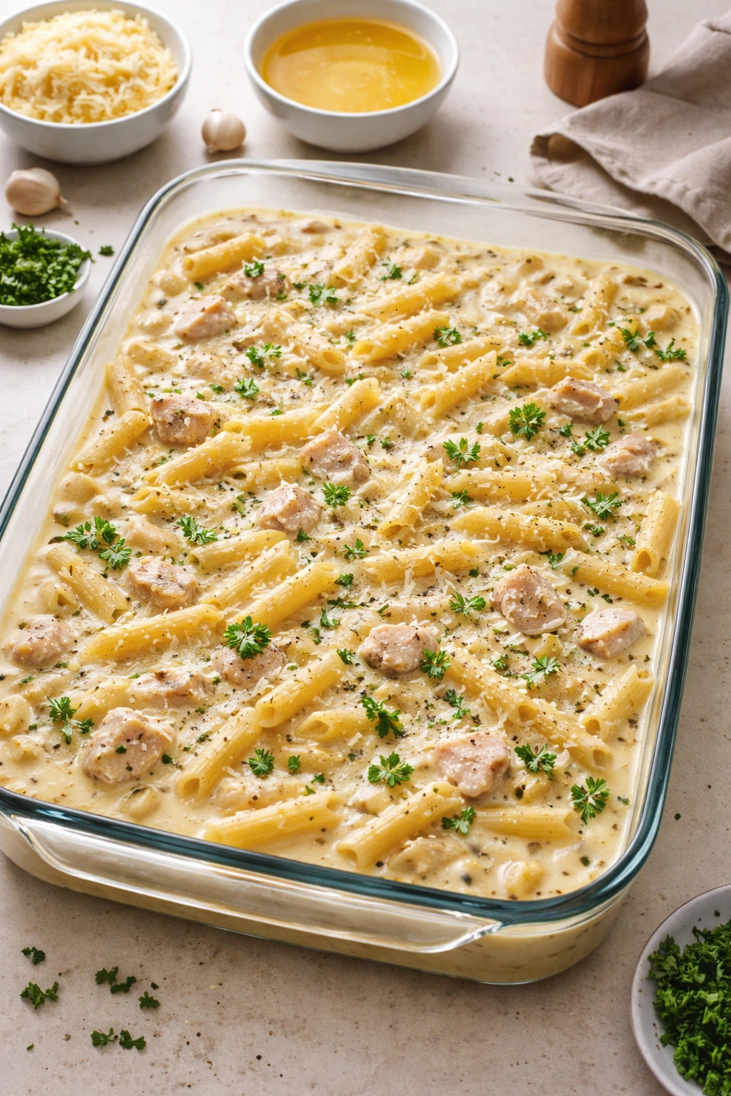 Pasta soaking in sauce and broth in a baking dish for oven cook