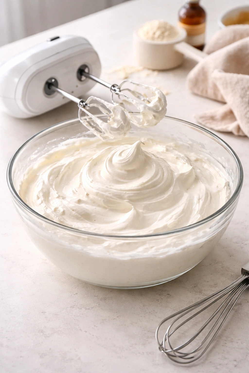 Fluffy whipped cream in a bowl ready for no-churn base