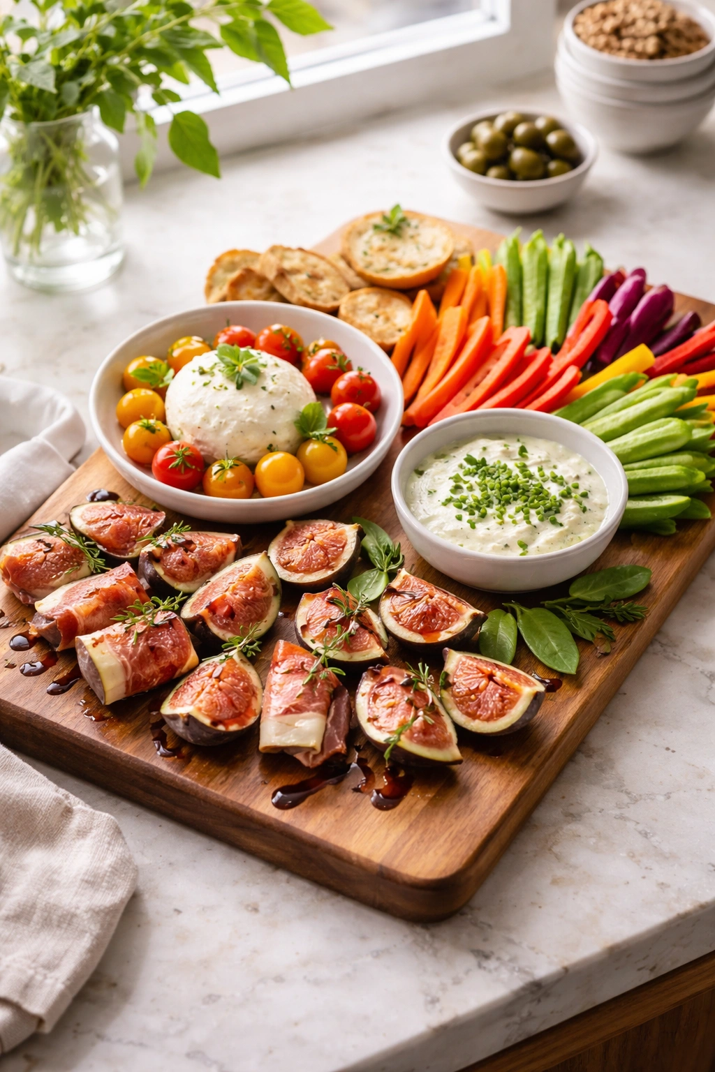 No-Cook appetizers on wooden board with prosciutto-wrapped figs and burrata crostini