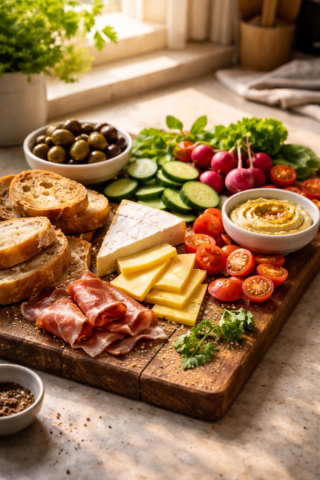 No-Cook options plate: cheese, bread, olives and veggies on a wooden board for lazy nights