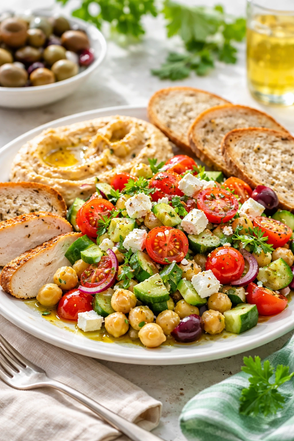 Chickpea salad plate with vegetables and feta