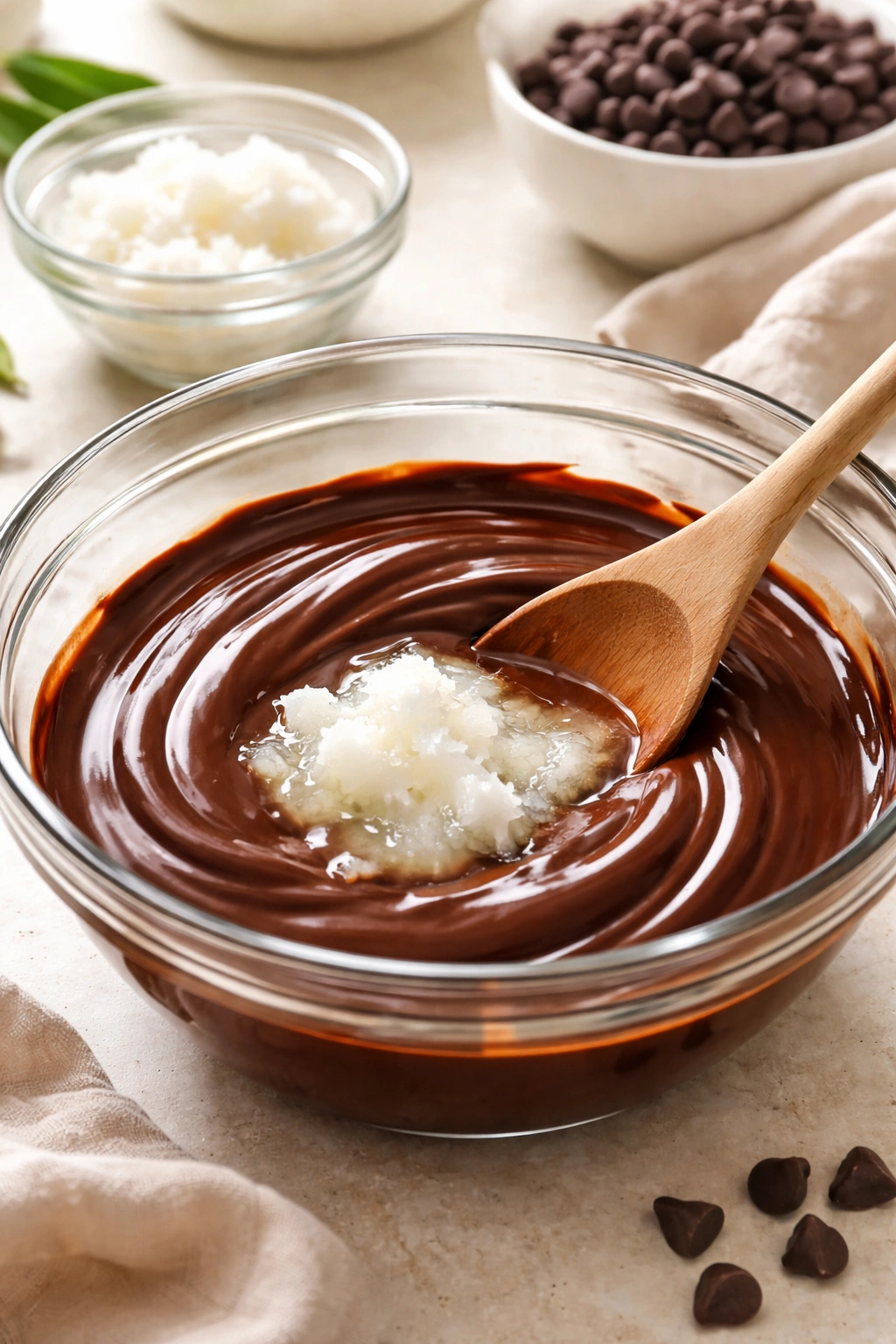 Melted chocolate and coconut oil ready to be stirred for no-cook fudge