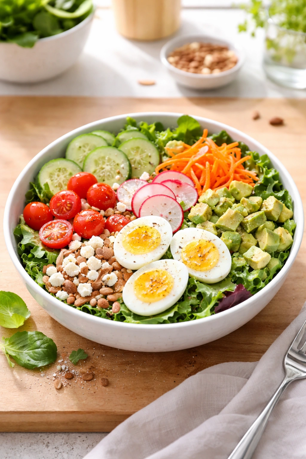 Close-up of a colorful no-cook salad bowl with greens and toppings