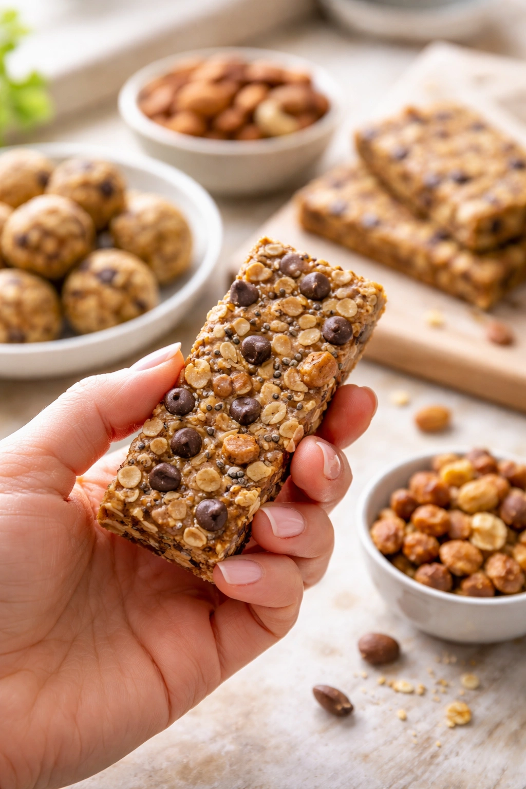 Hand holding no-bake energy bite bar