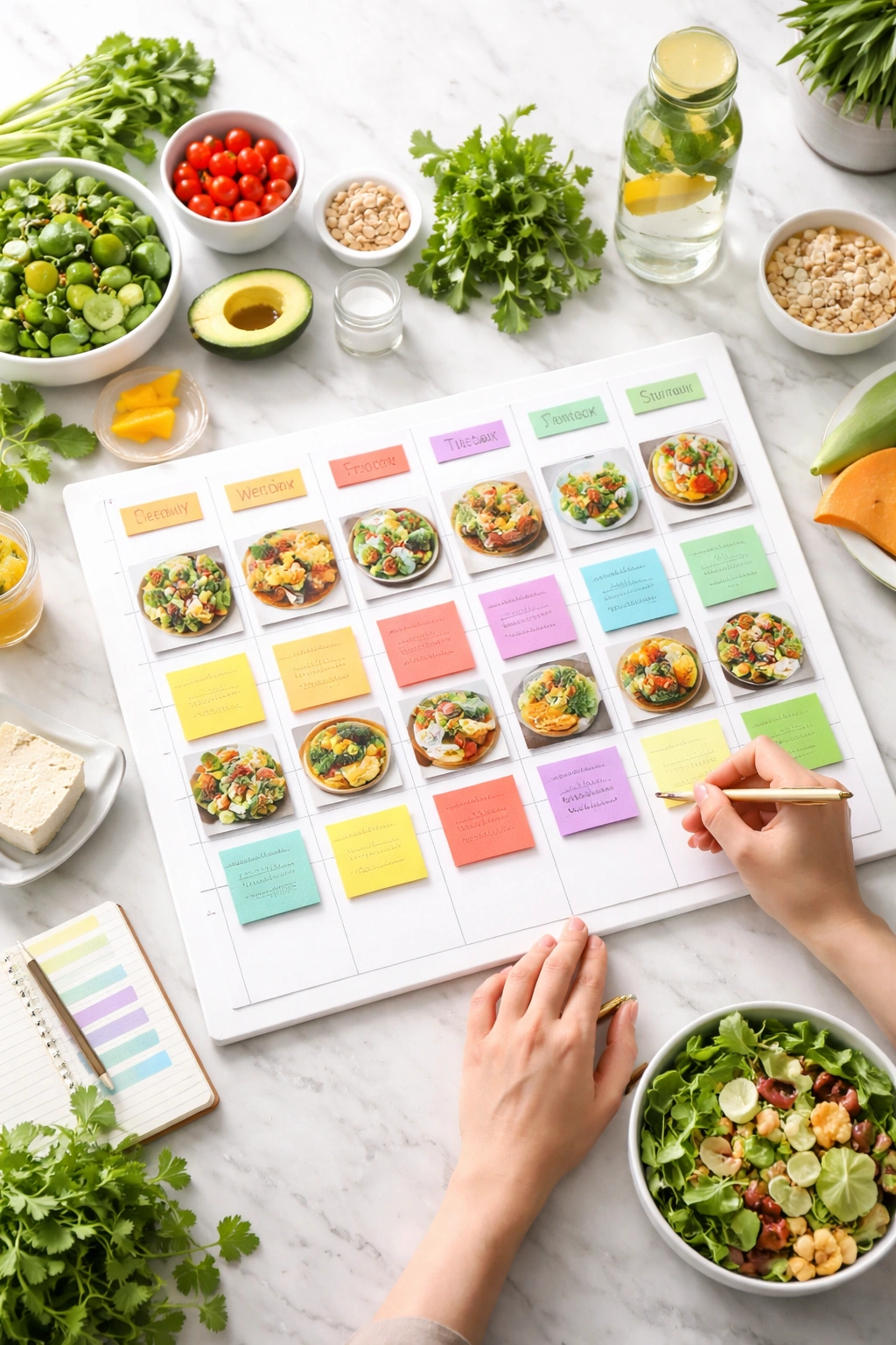 Minimalist planning board on a kitchen counter for no-cook meals
