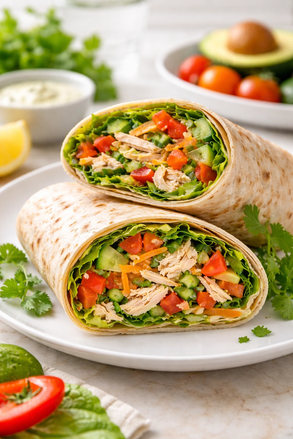 Freshly assembled wrap cut in half revealing colorful fillings.