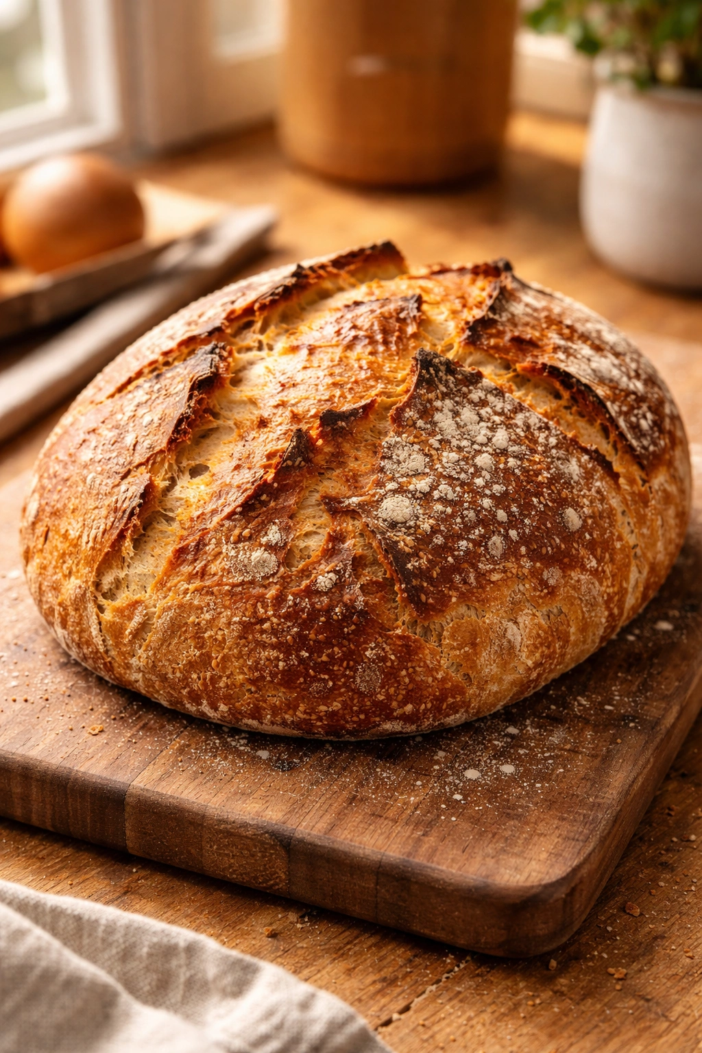 Close-up of a crusty no-knead bread loaf on a wooden board in warm light
