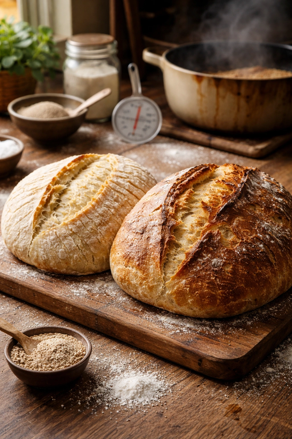 Close-up of a rustic no-knead bread with contrasting crusts on a wooden board, illustrating common mistakes