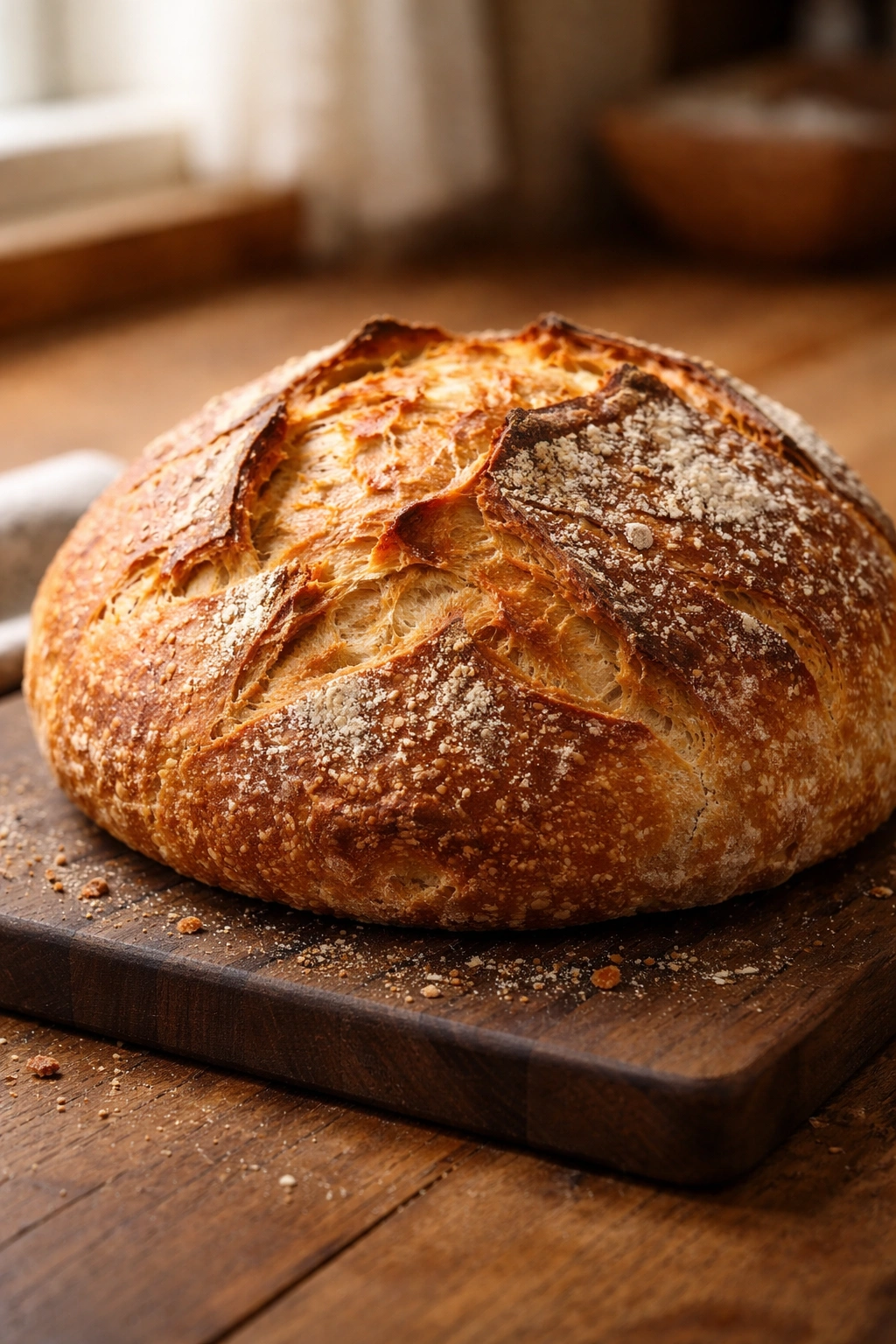 Round crusty No-Knead Artisan Bread loaf on a wooden board