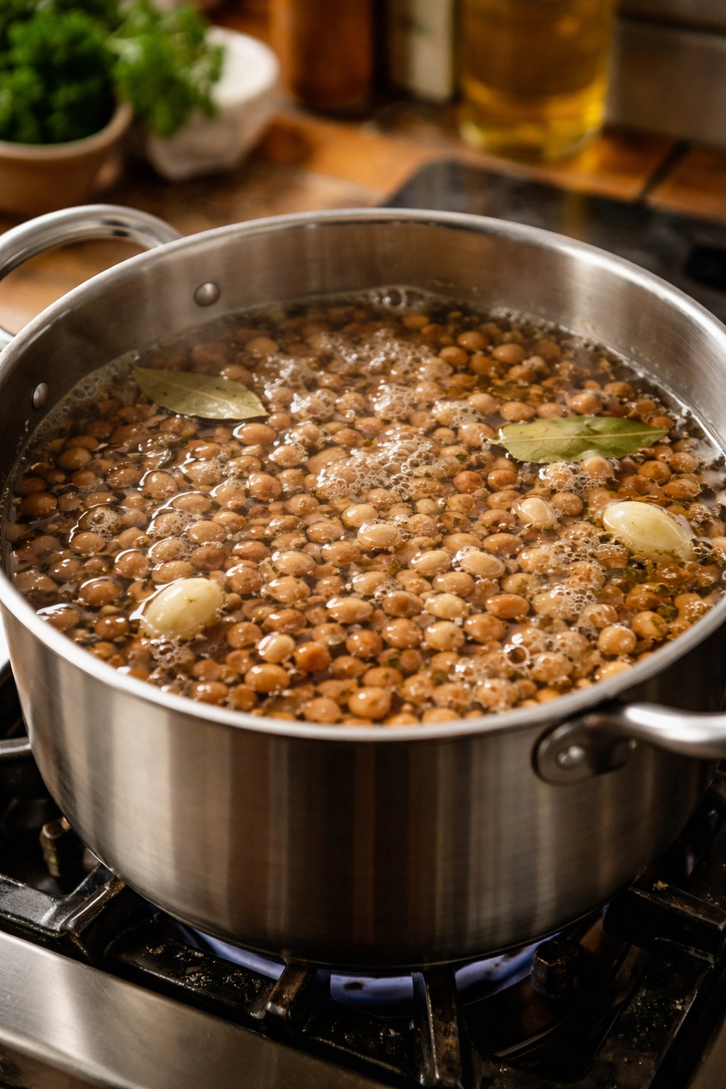 Dry beans simmering in water in a pot on the stove