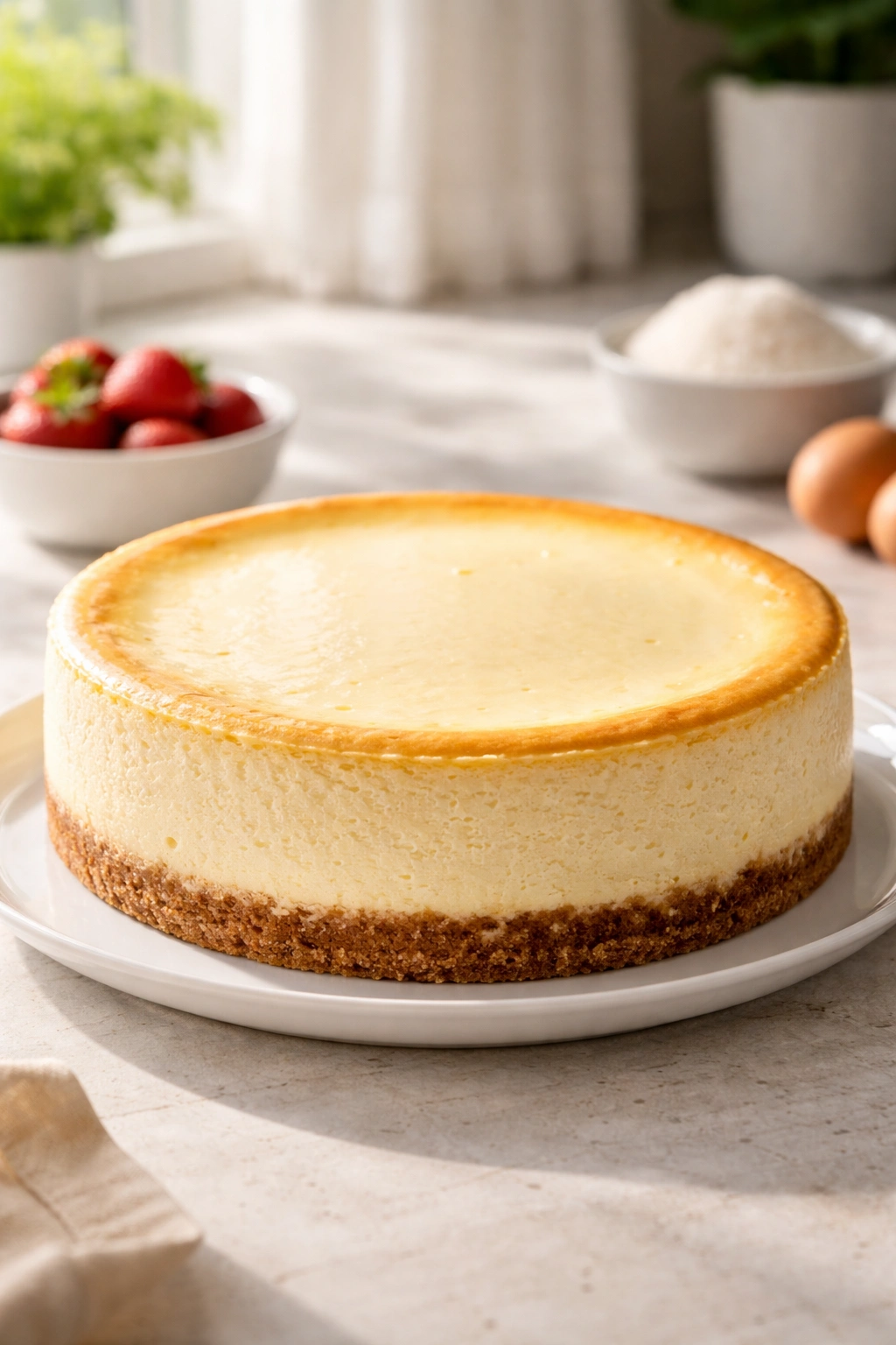 Cheesecake on plate in a bright kitchen, no water bath equipment visible