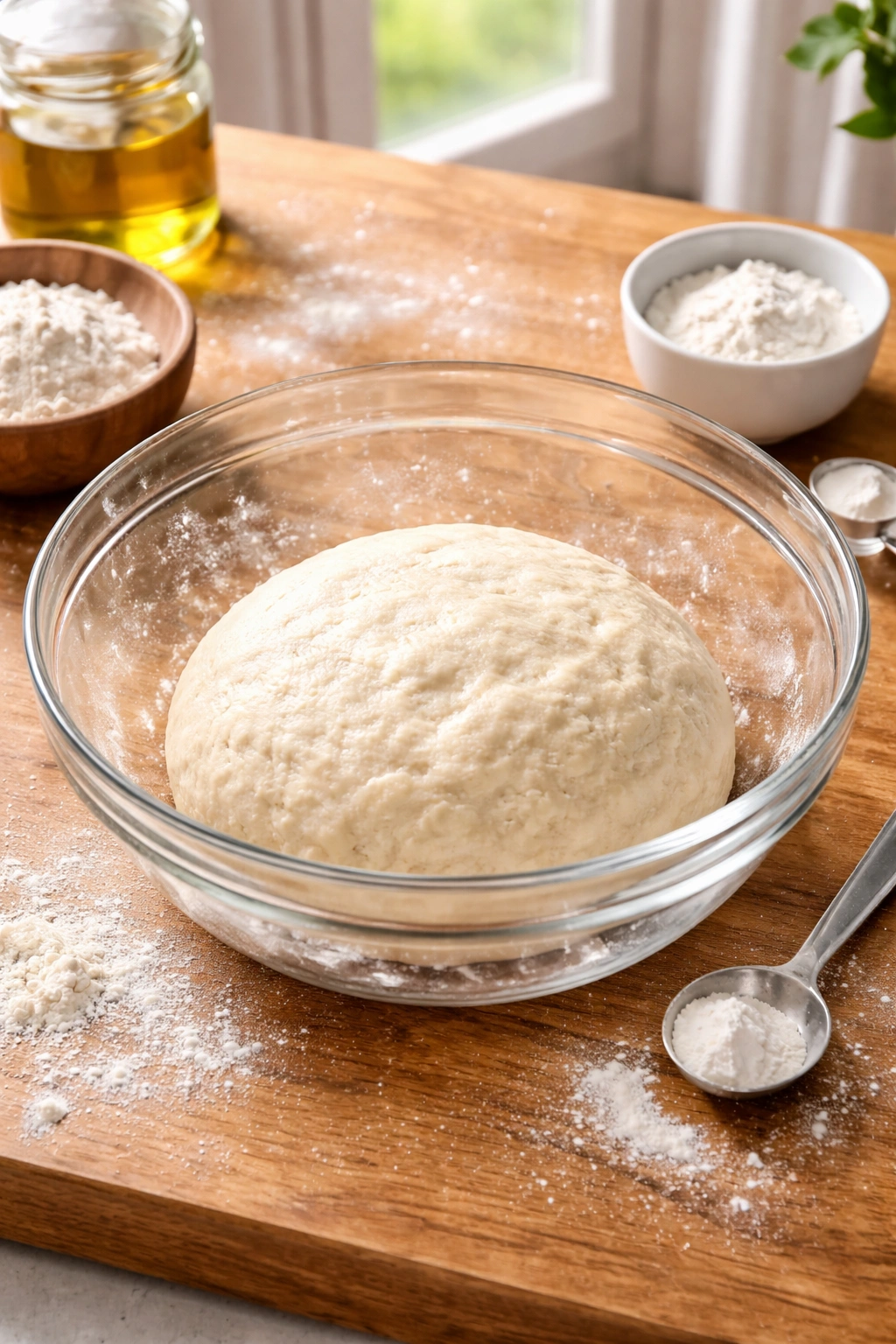 Close-up of pale no-yeast dough in a glass bowl with flour and a spoon on a clean kitchen counter