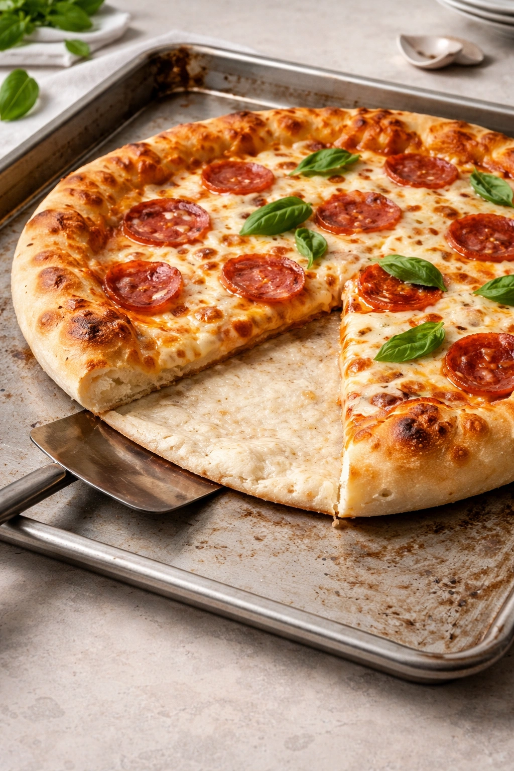 Pizza crust with uneven browning illustrating no-yeast issues
