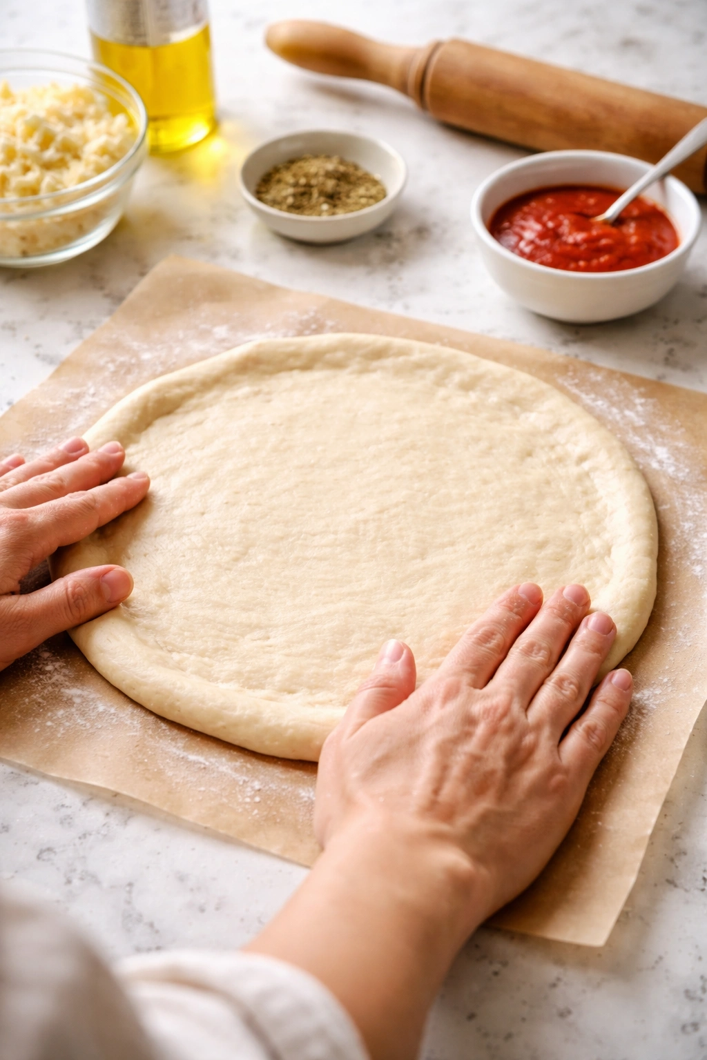 Close-up of hands shaping no-yeast pizza dough on parchment