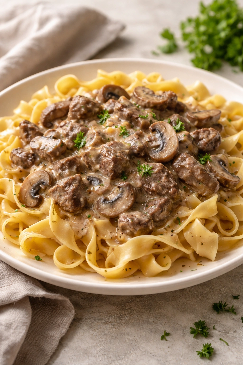 Wide egg noodles coated in creamy stroganoff sauce on a plate
