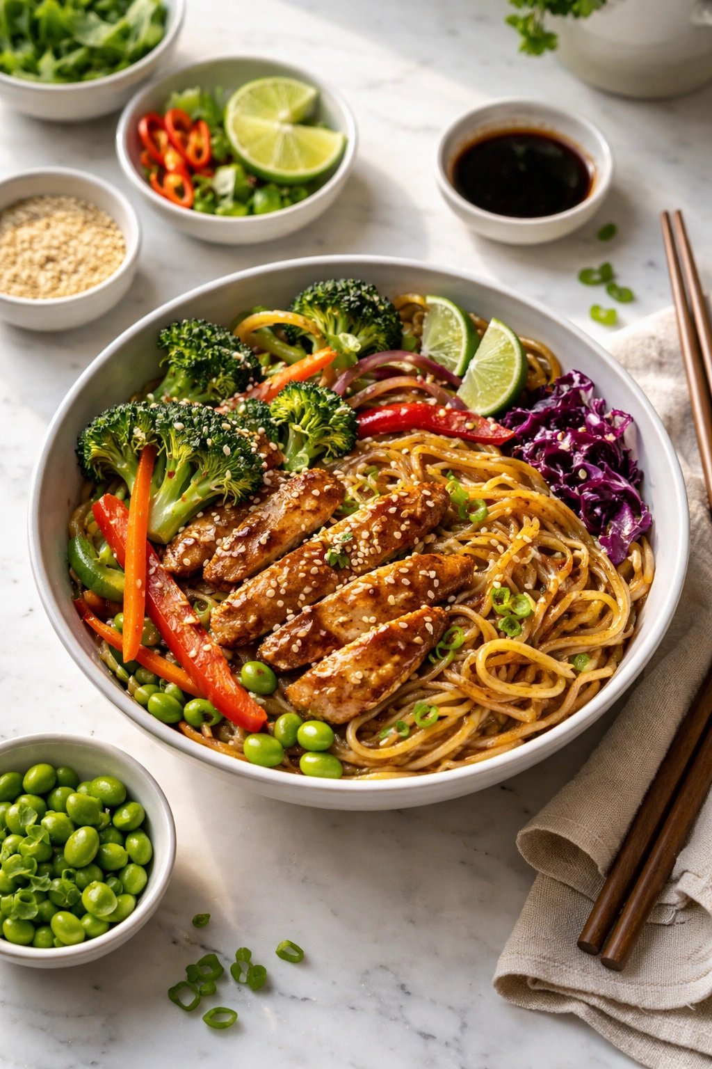 Top-down view of a colorful noodle bowl with noodles, vegetables, and protein in glossy sauce