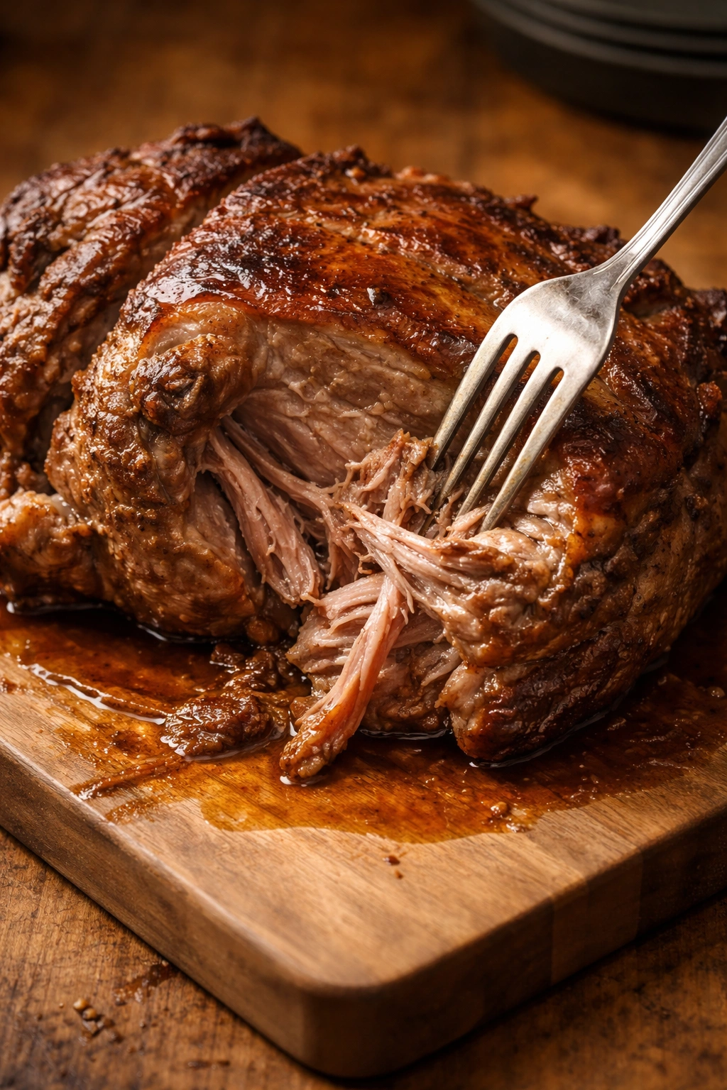 Pork shoulder piece with fork testing tenderness