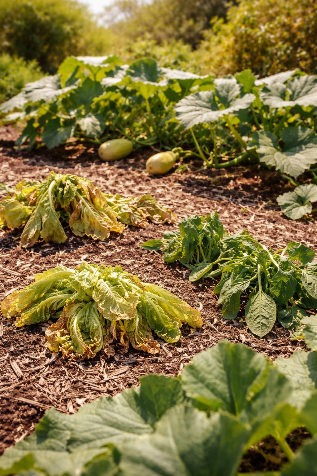 Garden bed with wilting lettuce and spinach beside squash under sun, illustrating not to plant in July