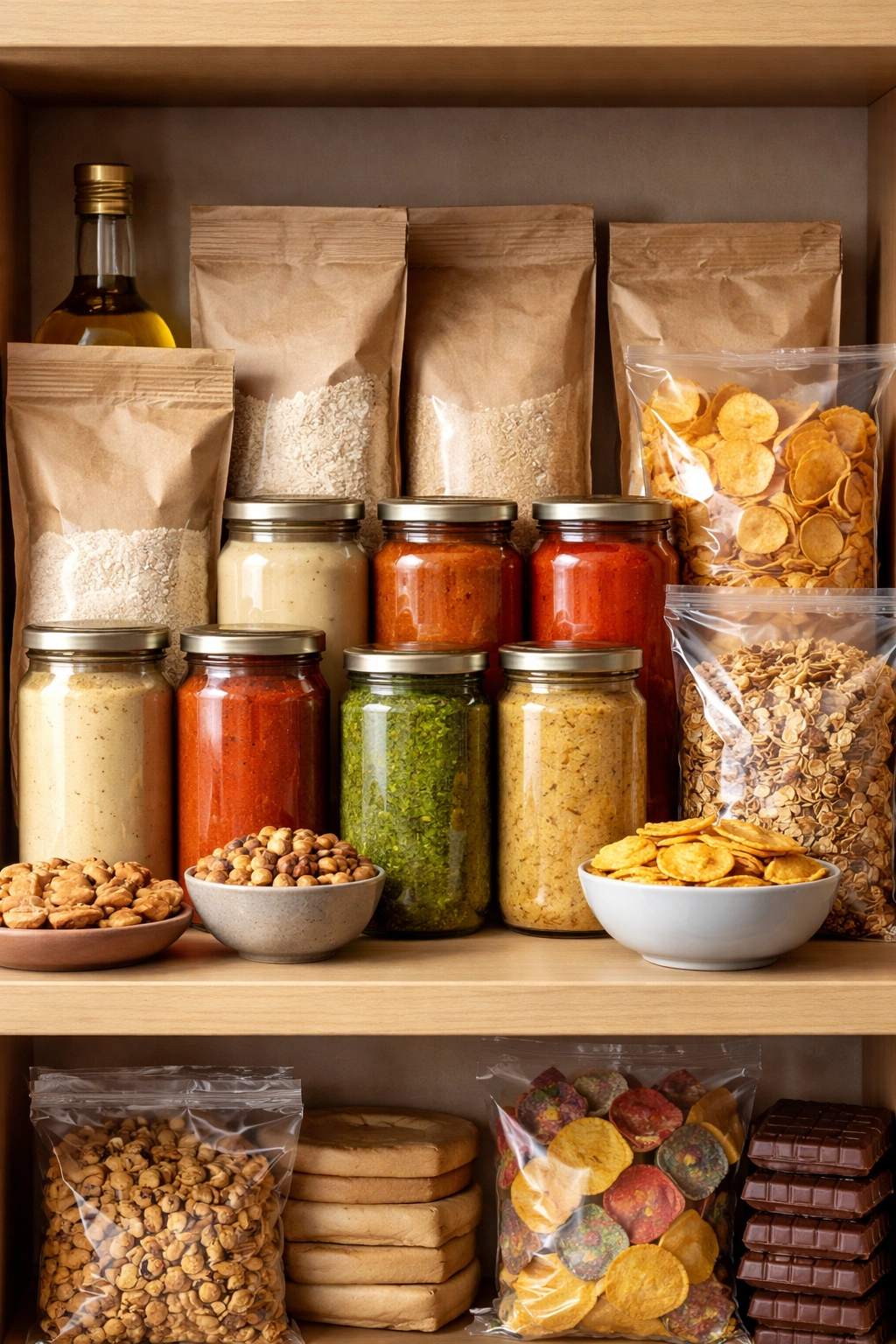Shelf with unmarked bags and jars representing not-worth budget staples