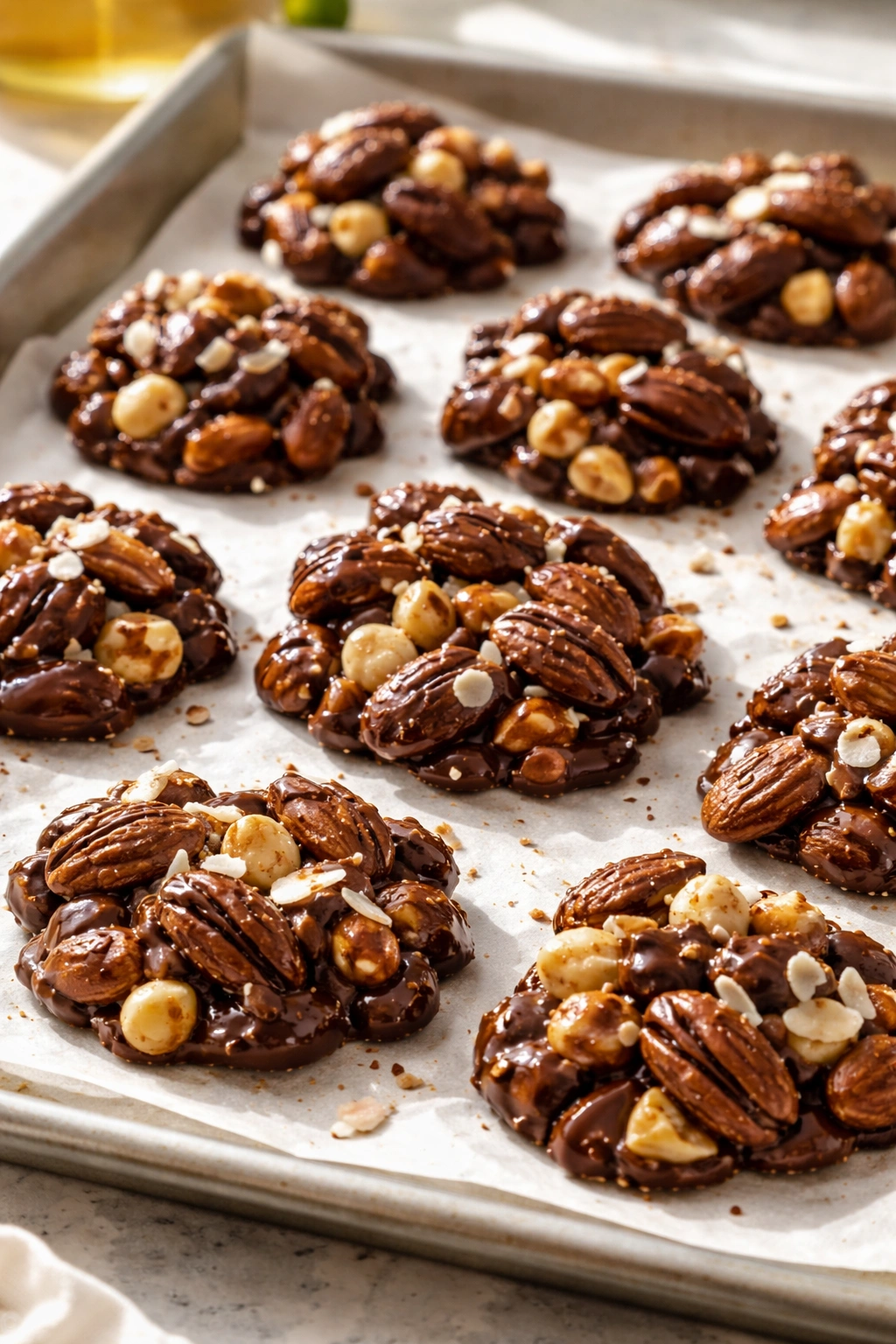 Close-up of glossy chocolate-coated nut clusters on parchment