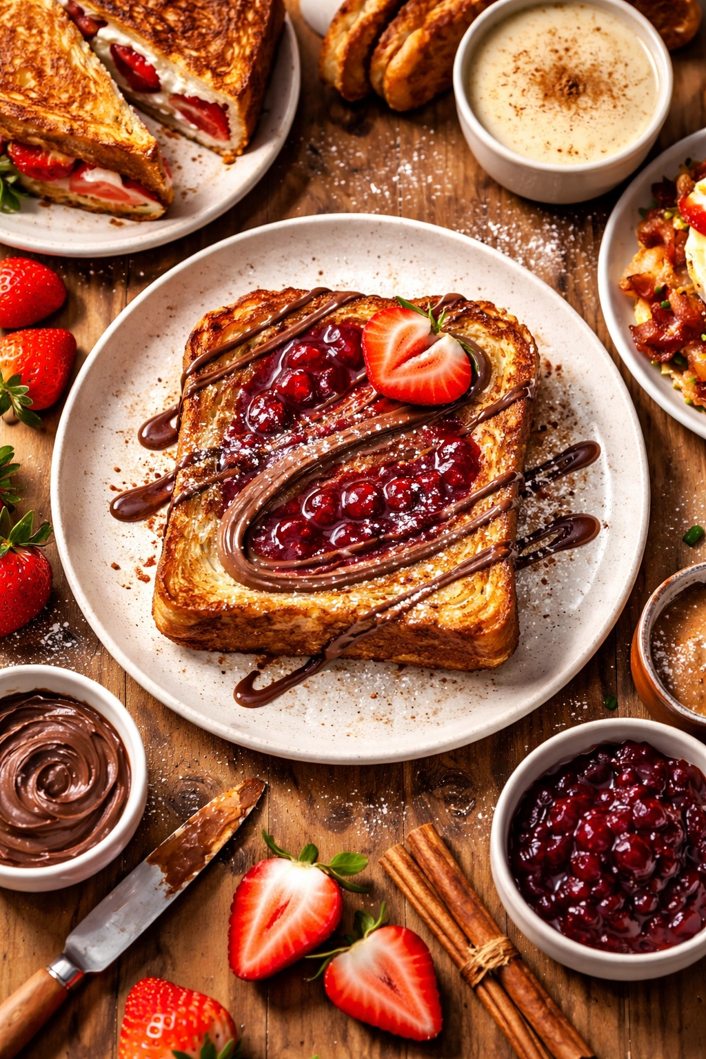 French toast slice with Nutella drizzle and jam swirl on plate
