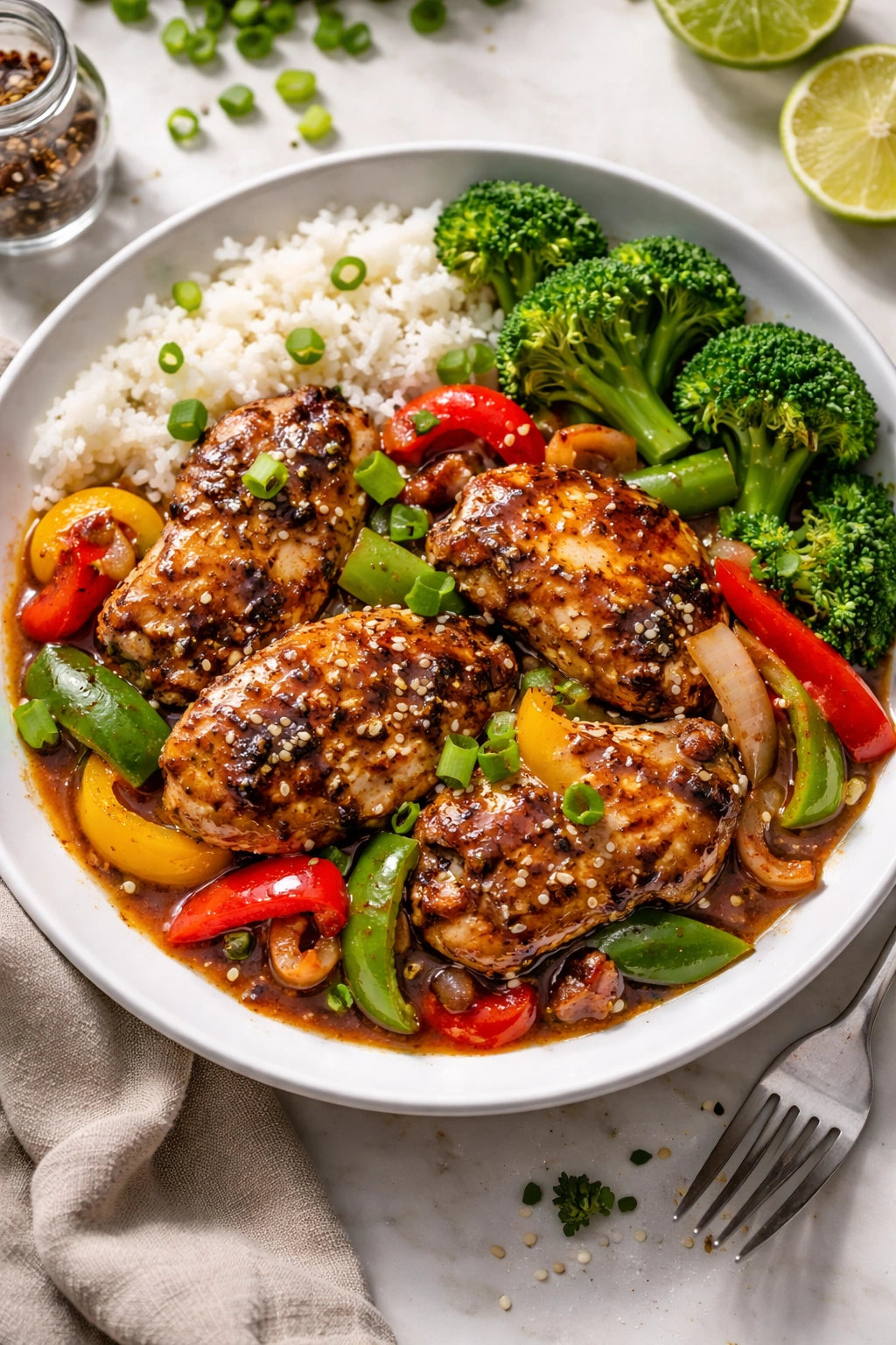Plate of chicken thighs with peppers and greens highlighting nutrition