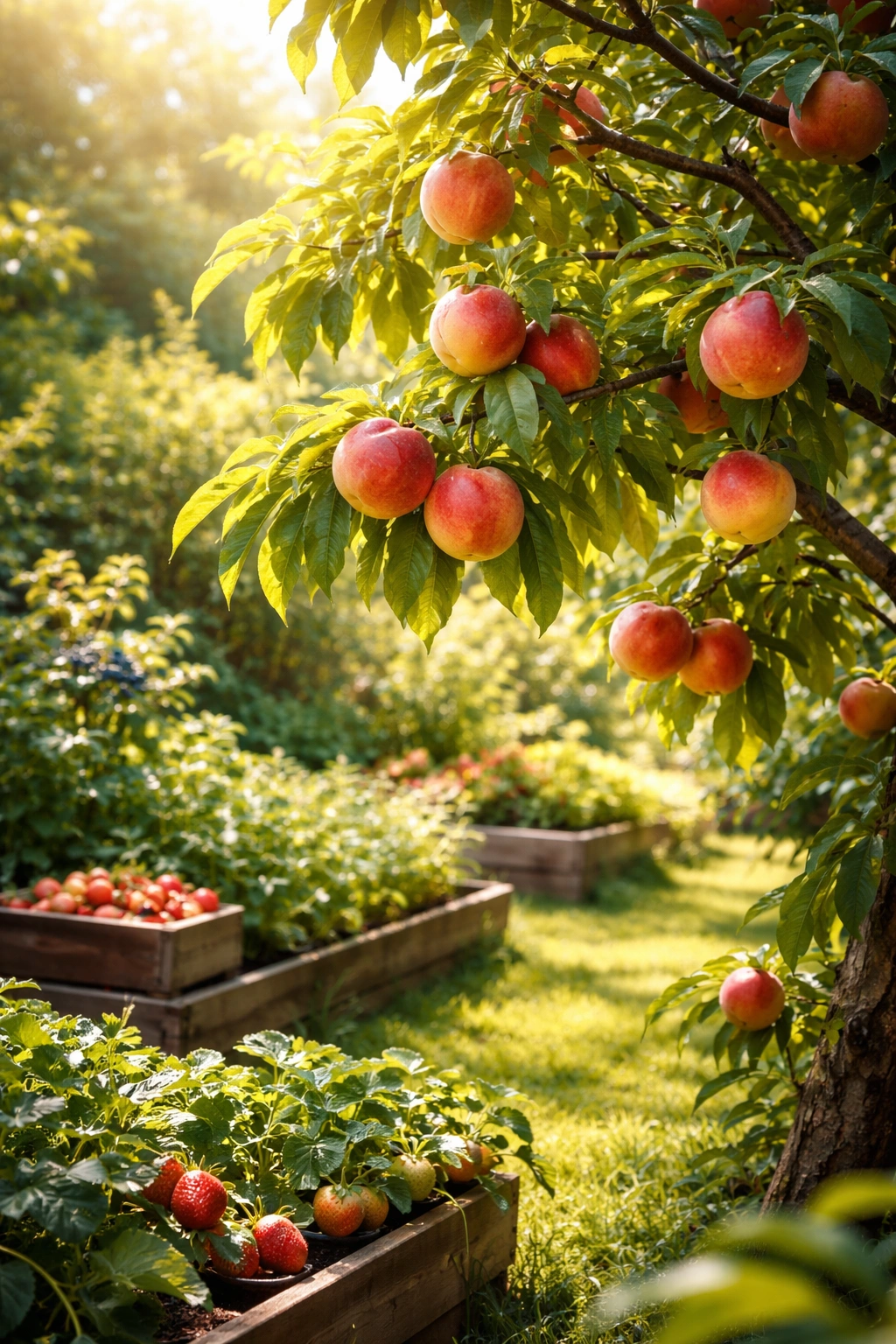 Fruit tree with ripe fruit in a sunlit garden