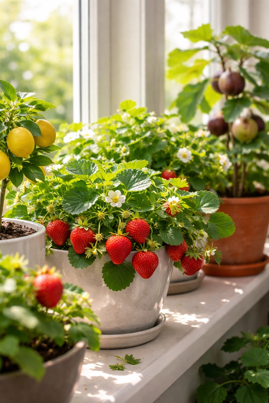 Sunlit windowsill with container fruit plants and ripe strawberries