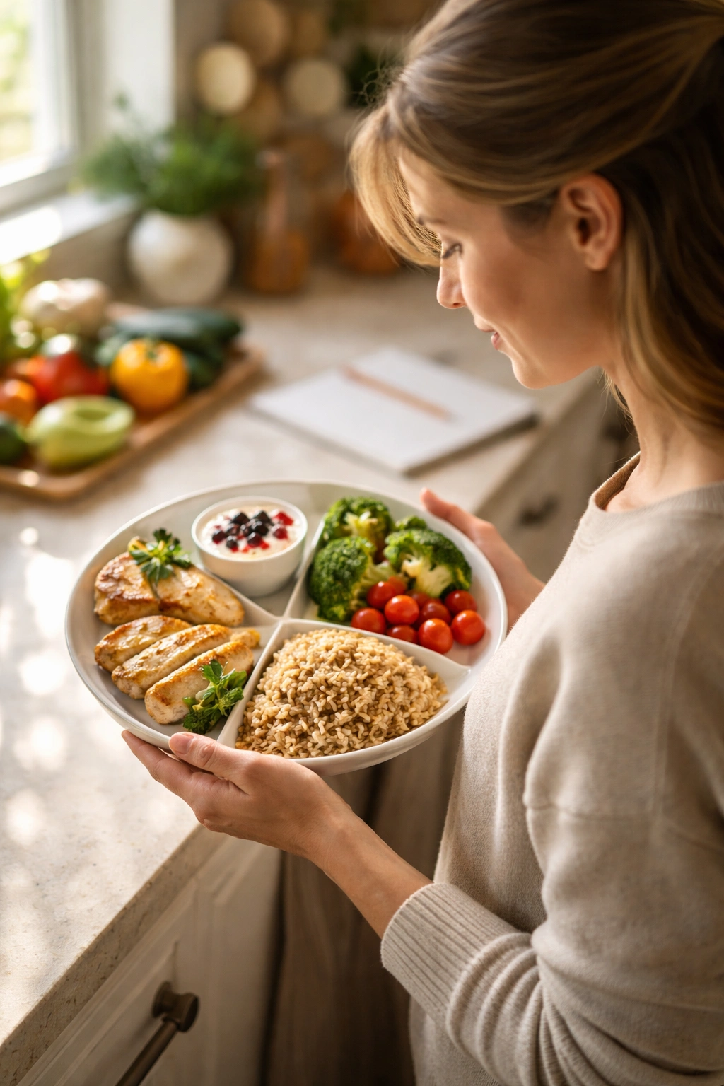 Adult in warm kitchen planning family nutrition with a balanced plate of protein, vegetables, grains, and dairy