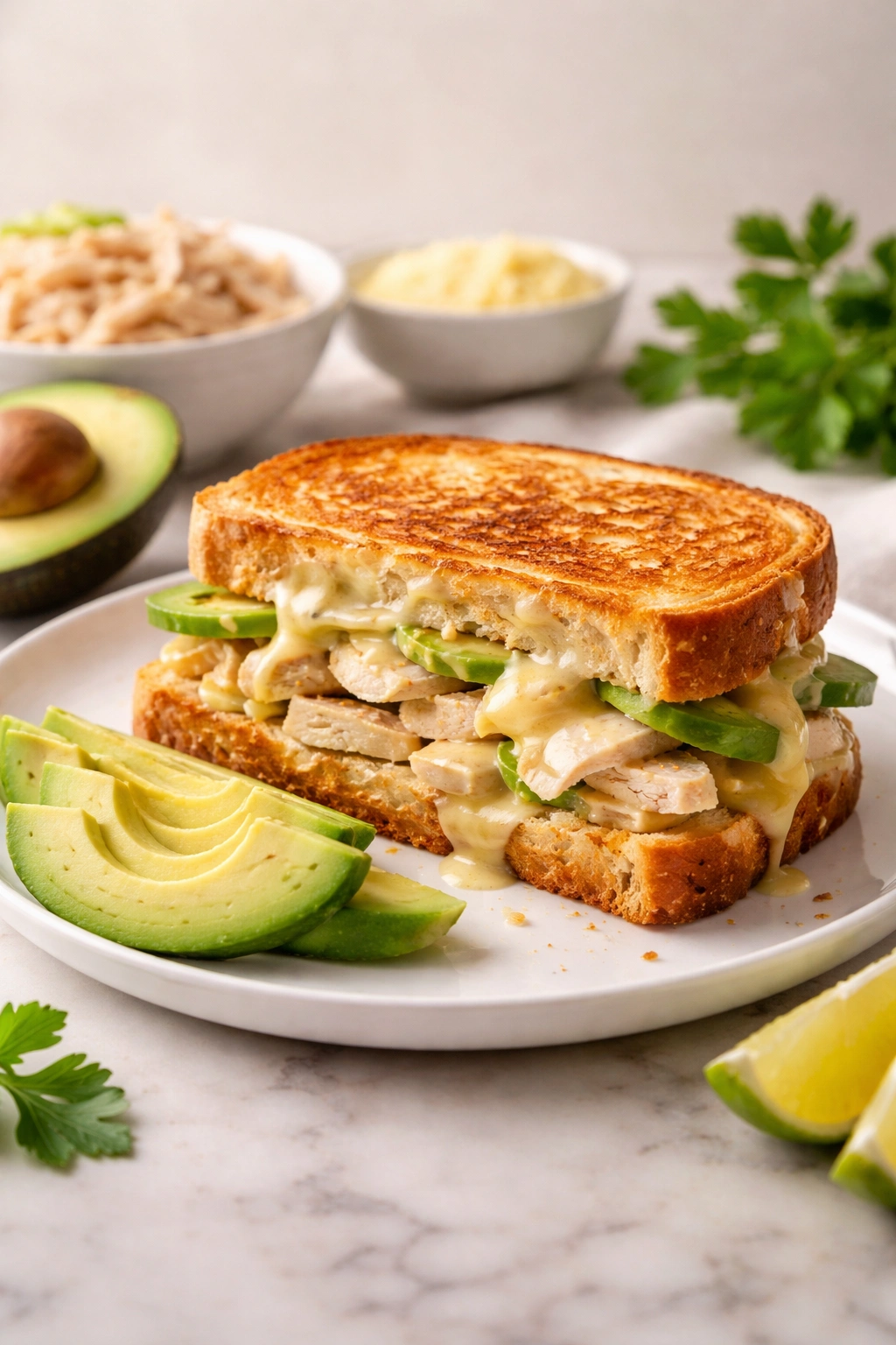 Plate with chicken, avocado, cheese on toasted bread representing nutritional profile