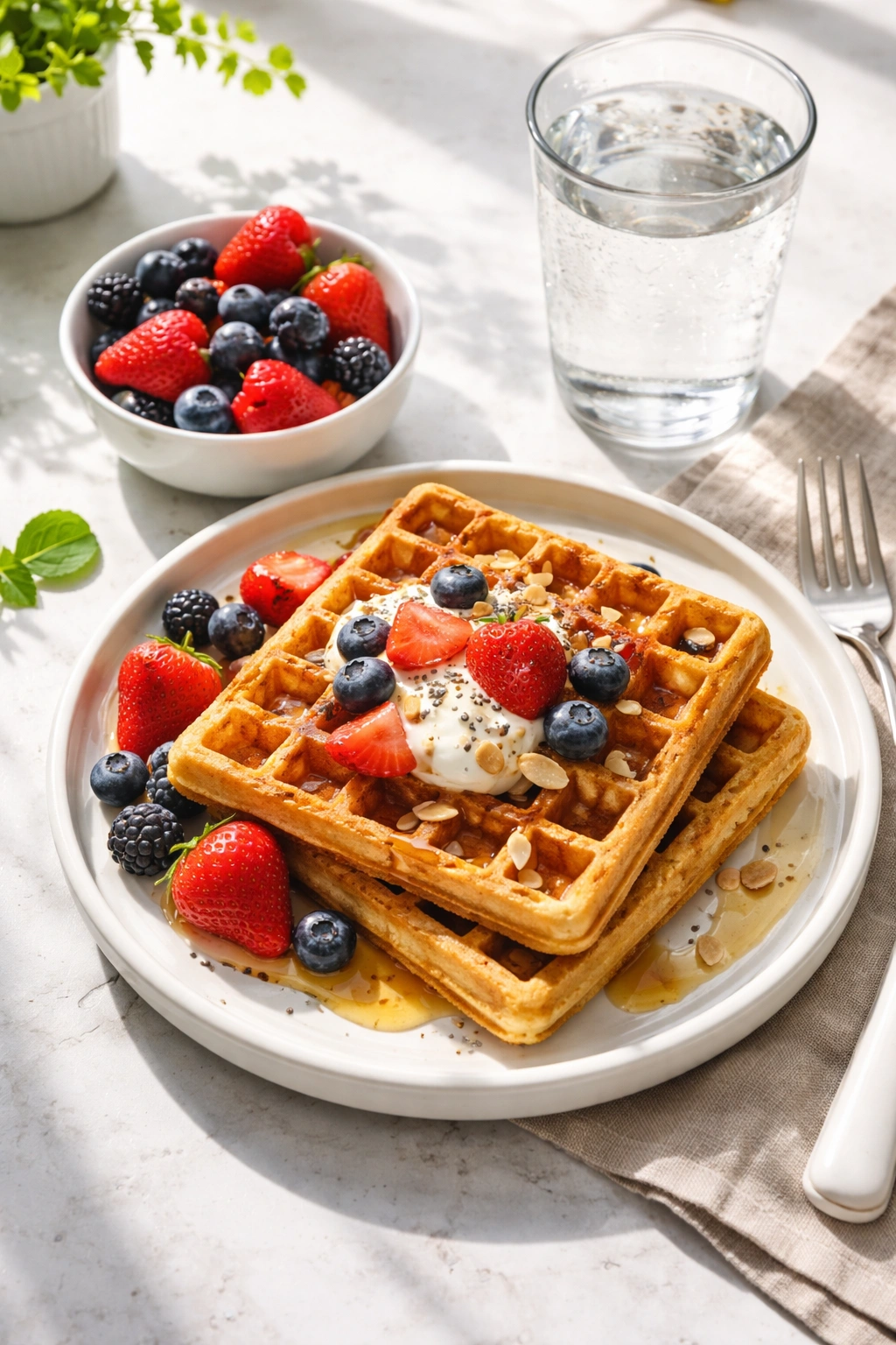 Protein waffle served with water and berries for a nutritious breakfast.