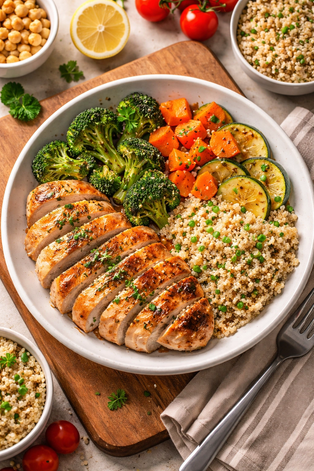 Balanced plate with protein, vegetables, and whole grains