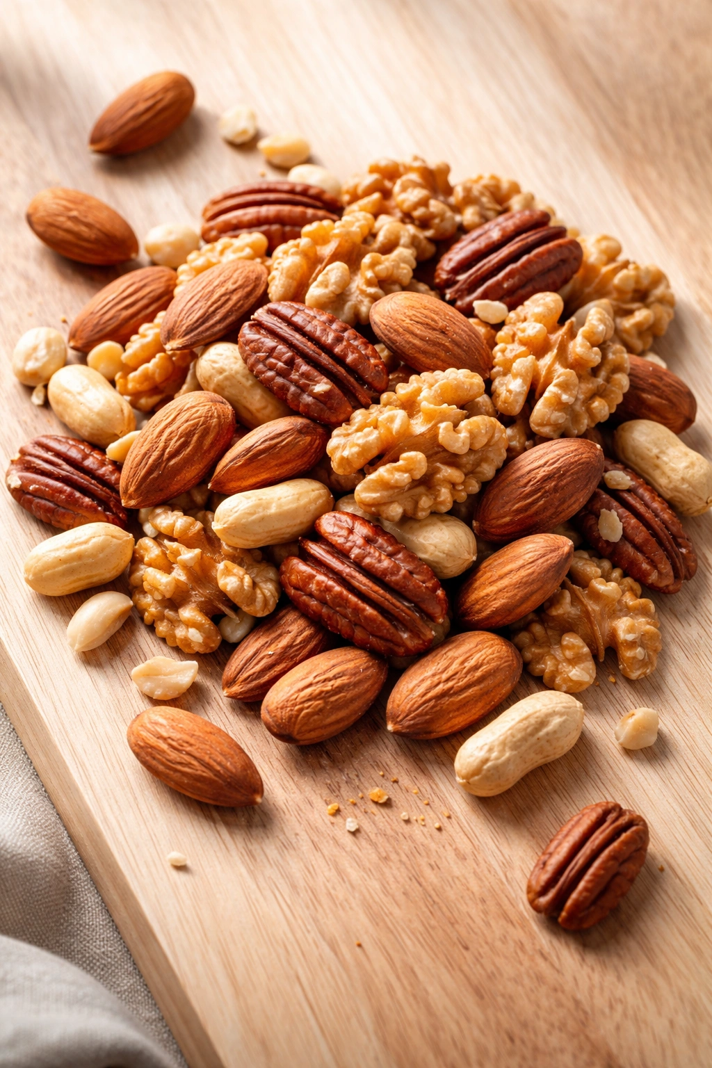 Close-up of mixed nuts on a neutral surface