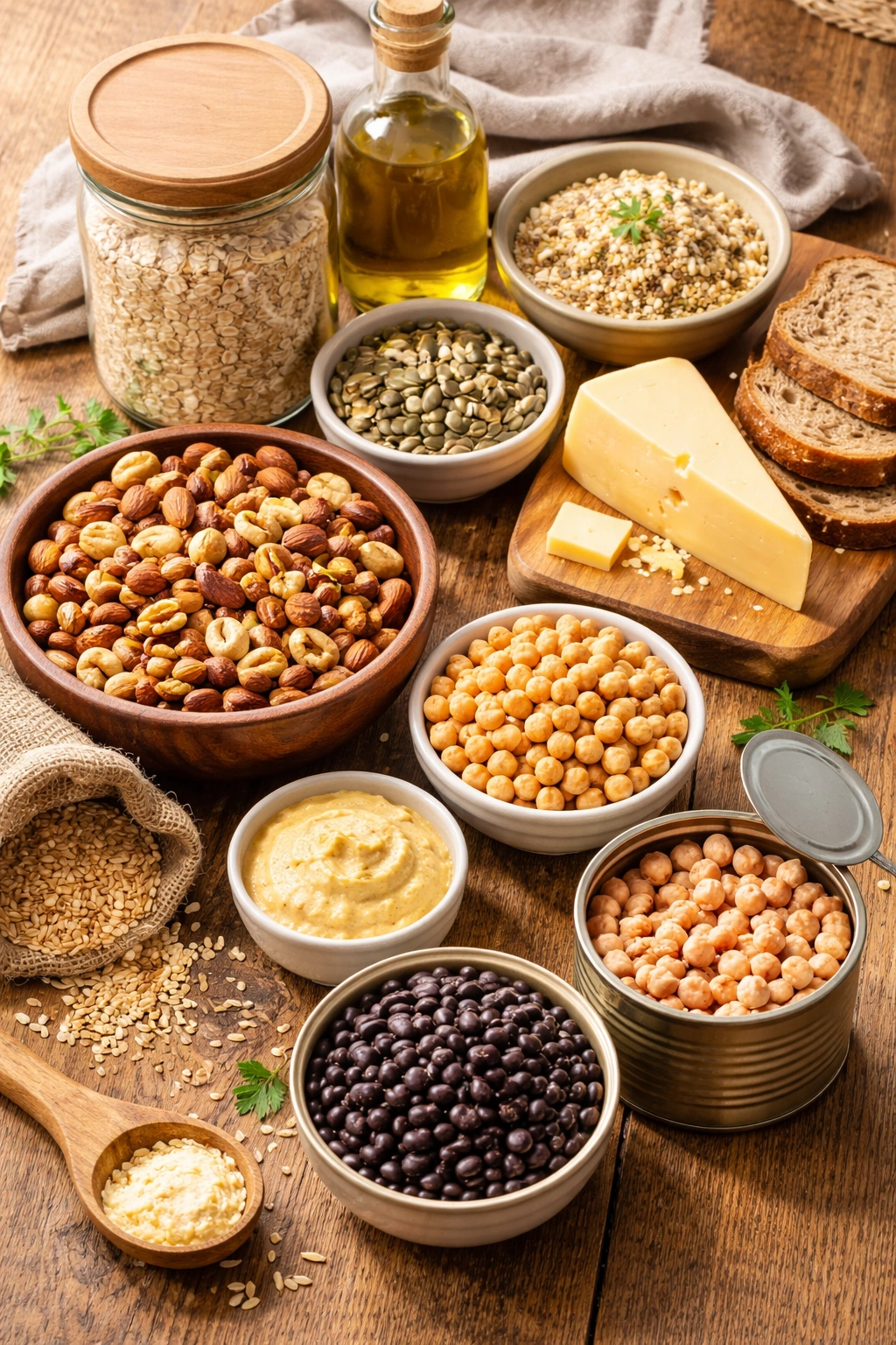 Nuts oats cheese and beans displayed on a wooden surface