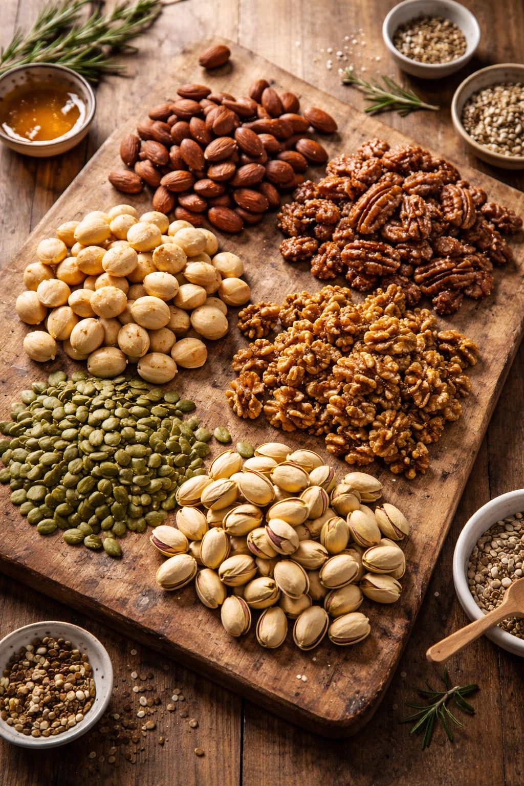 Assorted nuts and seeds arranged in small piles on a wooden board