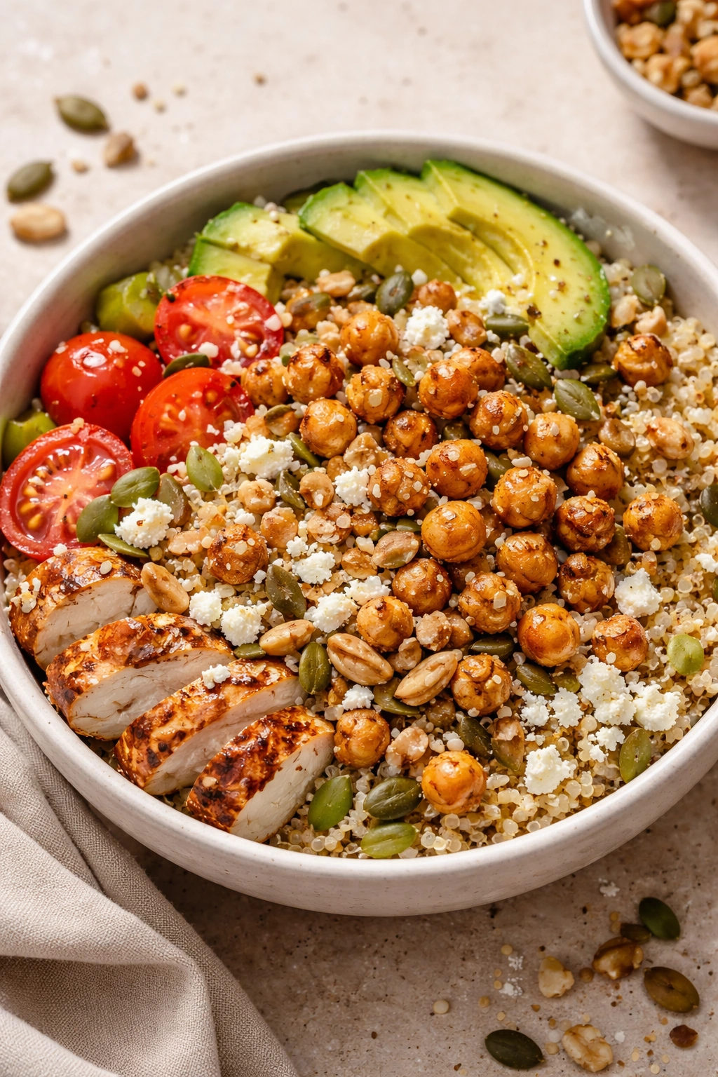 Bowl with nuts seeds and cheese toppings for texture