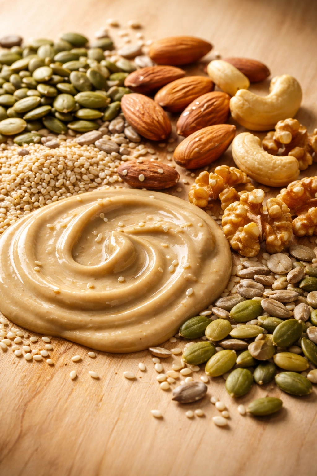 Close-up of nuts, seeds, and tahini swirl on wood for healthy fats.