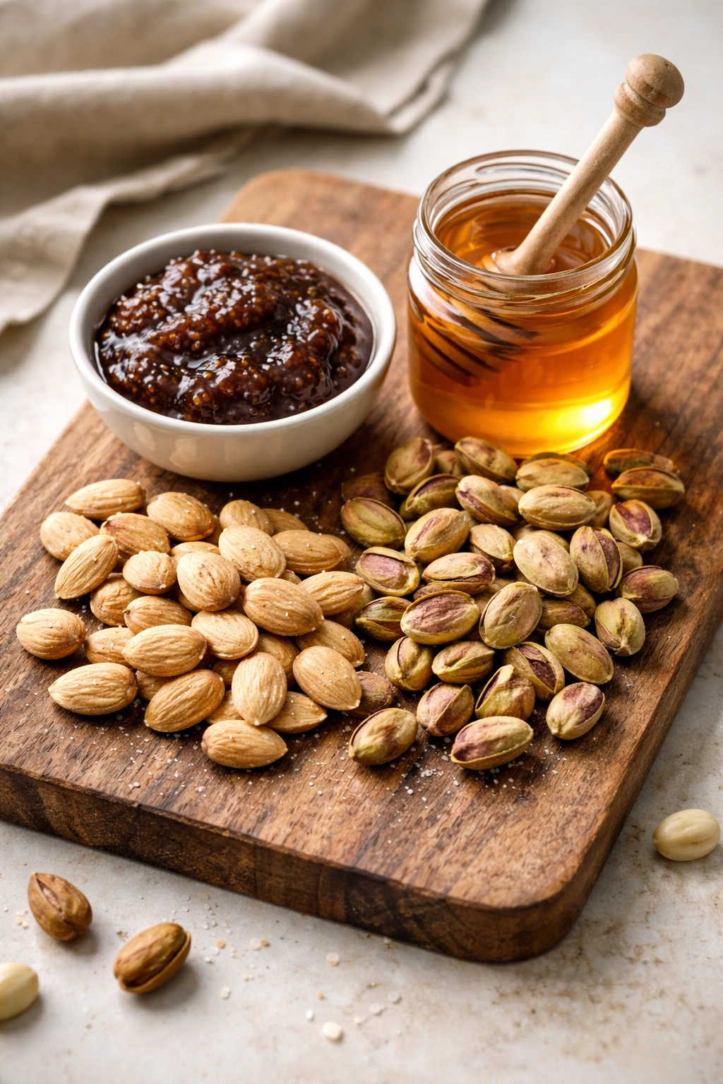 Rustic board with Marcona almonds, pistachios and small bowls of jam and honey