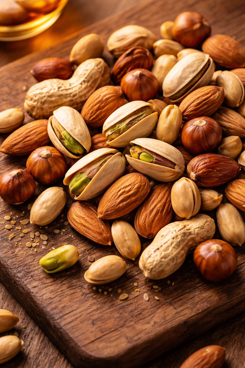 Close-up of mixed nuts on warm wood surface