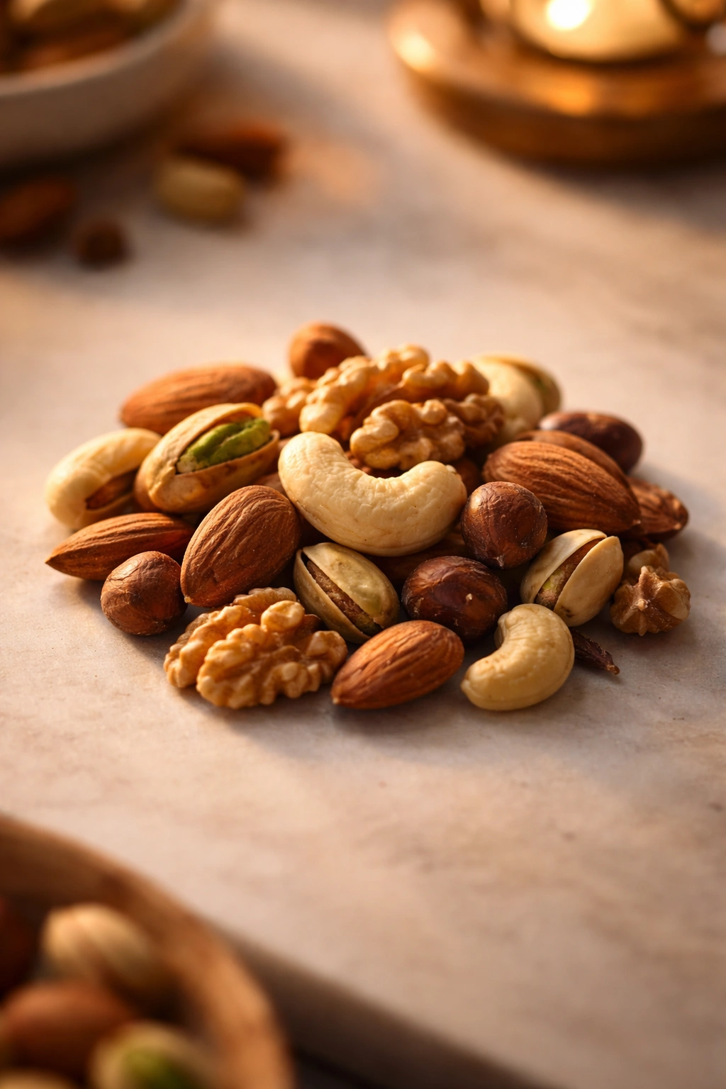 Small neat pile of mixed nuts on light surface