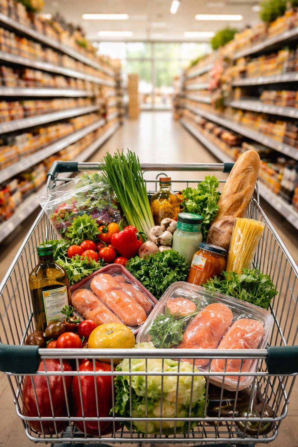 Shopping cart with groceries in NZ supermarket aisle