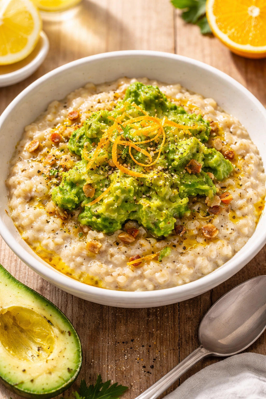 Creamy oatmeal with avocado and citrus zest topping in a bowl