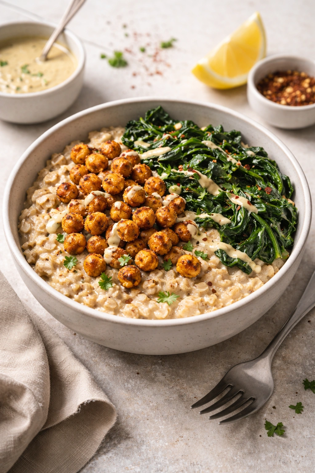 Oatmeal with roasted chickpeas and greens