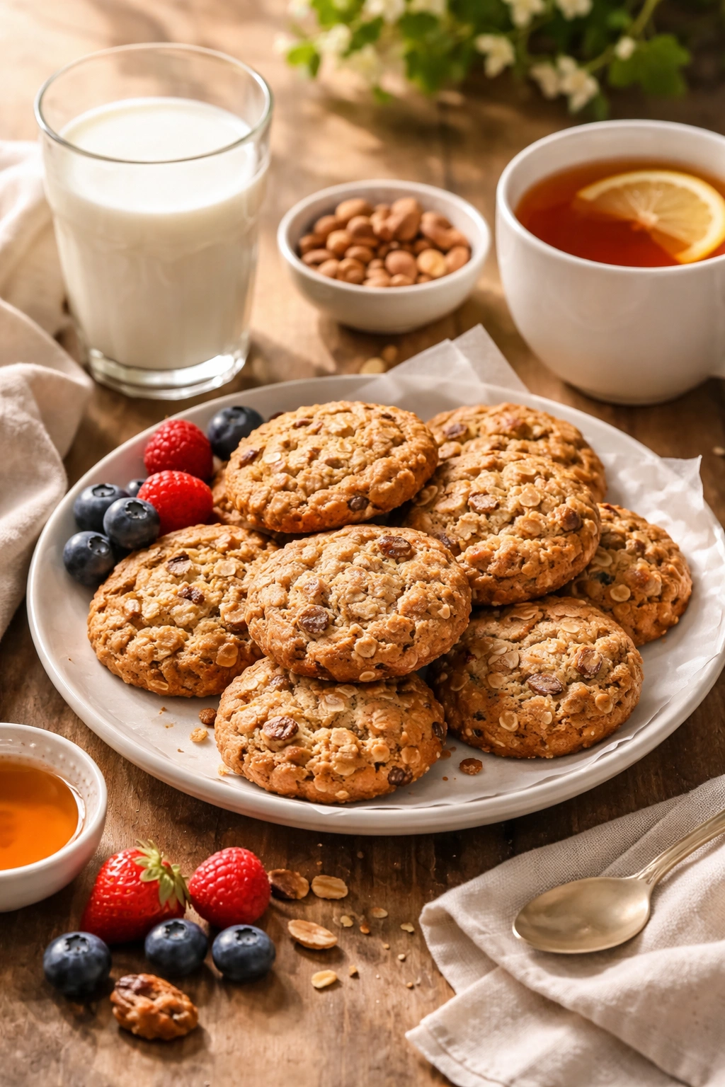 Oatmeal cookies with milk and tea for serving pairings