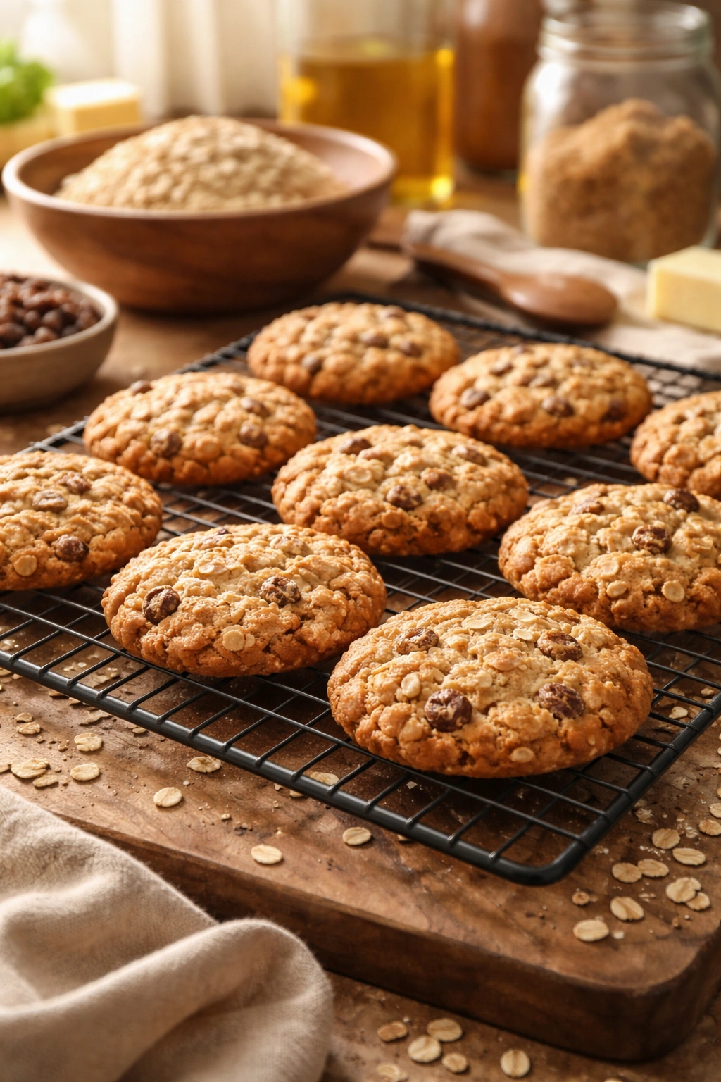 Freshly baked oatmeal cookies cooling on a rack