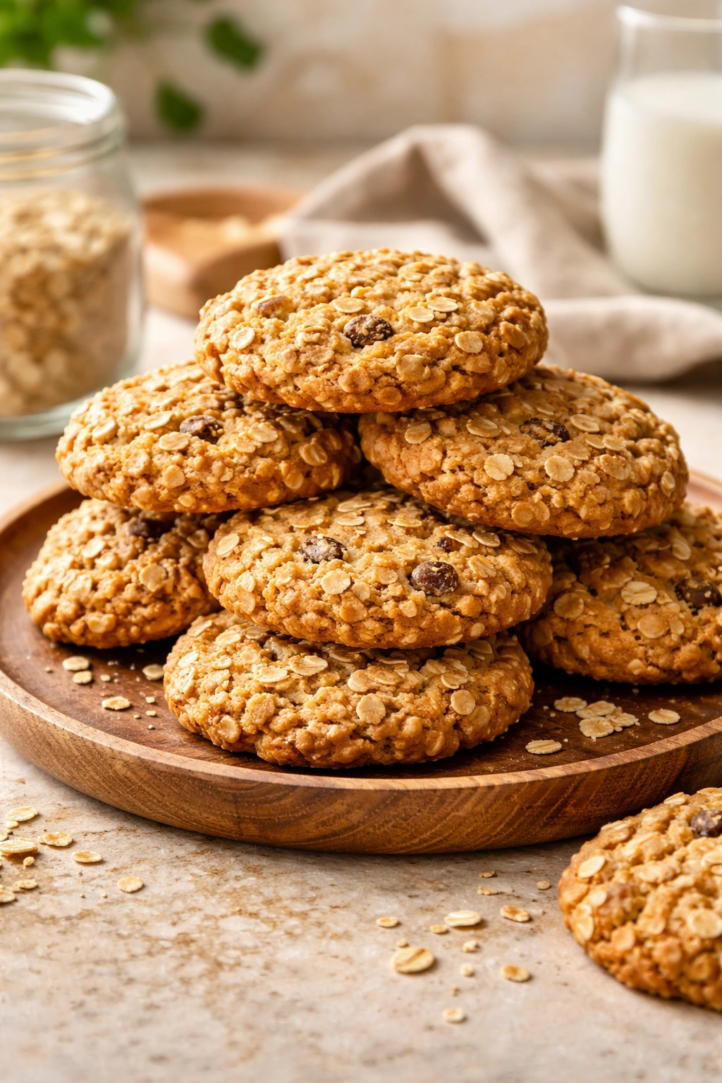 Close-up of oatmeal cookies stacked on a wooden plate with warm lighting