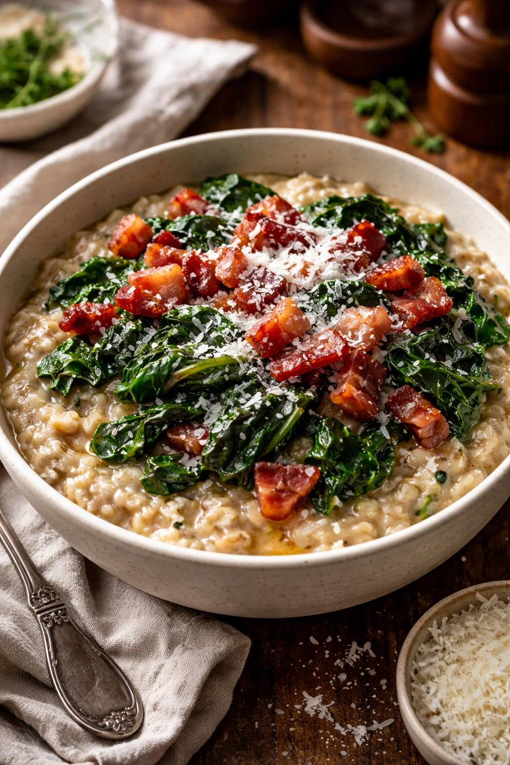 Savory oatmeal with greens and cured meat topping