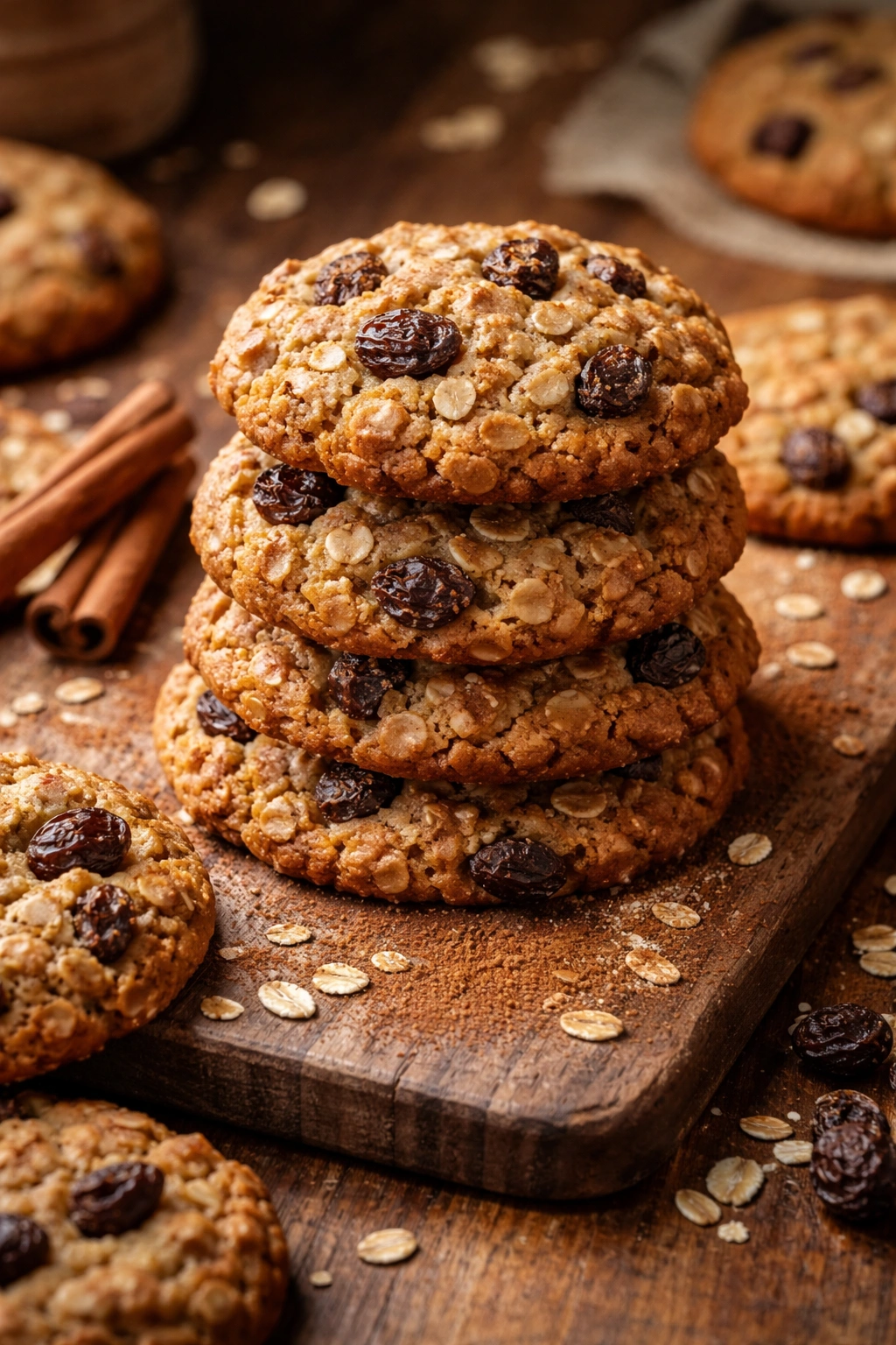 Stack of oatmeal raisin cookies with oats and cinnamon on a rustic board