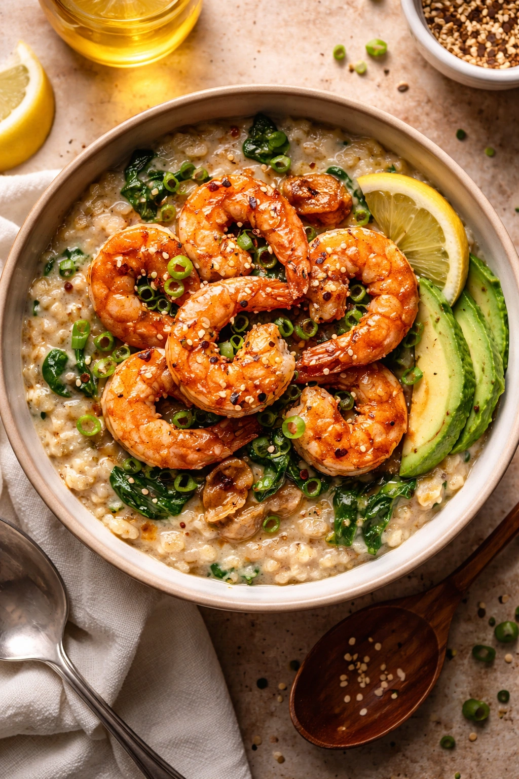 Oatmeal topped with shrimp and sesame seeds