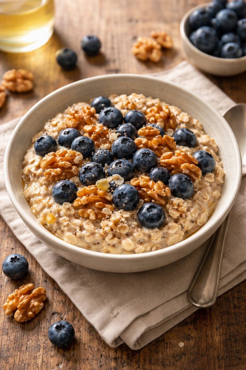 Bowl of steel-cut oats with blueberries and walnuts